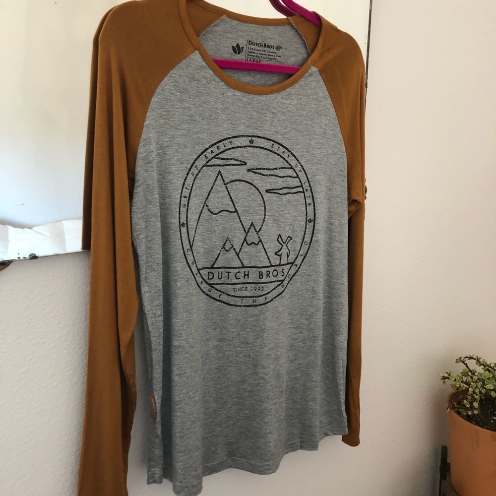 Long sleeve mustard and grey Dutch Bros. shirt